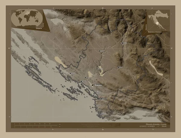 Sibensko Kninska 克罗地亚县 高程图 用深紫色调涂上湖泊和河流 该区域主要城市的地点和名称 角辅助位置图 — 图库照片