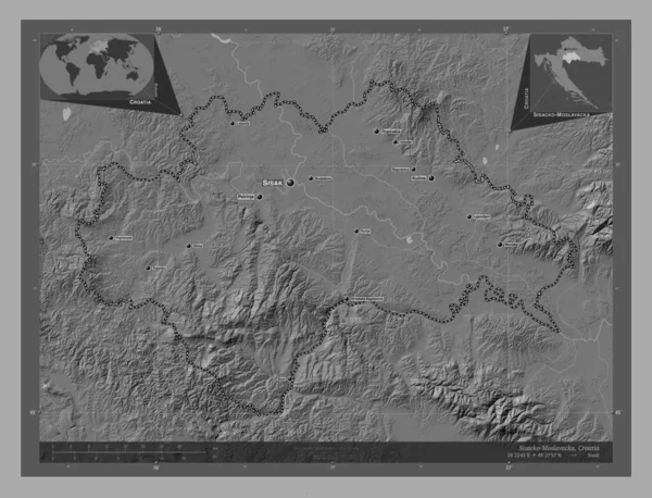 クロアチアのシサコ モスラヴァッカ県 湖や川と二階の標高マップ 地域の主要都市の位置と名前 コーナー補助位置図 — ストック写真
