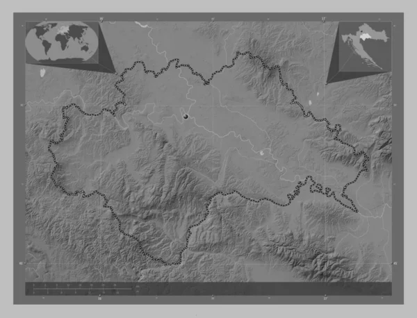 Sisacko Moslavacka 克罗地亚县 带有湖泊和河流的灰度高程图 角辅助位置图 — 图库照片