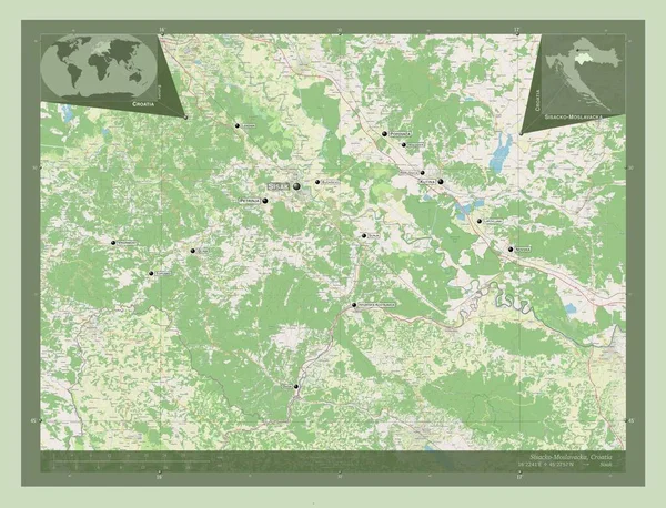 Sisacko Moslavacka 克罗地亚县 开放街道地图 该区域主要城市的地点和名称 角辅助位置图 — 图库照片