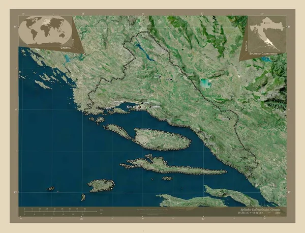 クロアチアの郡 スプリツコ ダルマティンスカ 高解像度衛星地図 地域の主要都市の位置と名前 コーナー補助位置図 — ストック写真