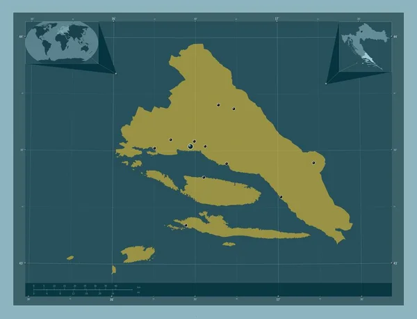 クロアチアの郡 スプリツコ ダルマティンスカ しっかりした色の形 地域の主要都市の場所 コーナー補助位置図 — ストック写真