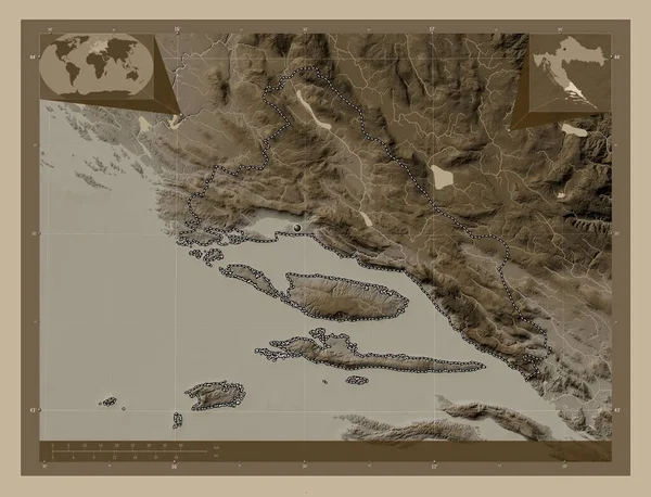 Splitsko Dalmatinska Επαρχία Κροατίας Υψόμετρο Χάρτη Χρωματισμένο Τόνους Σέπια Λίμνες — Φωτογραφία Αρχείου