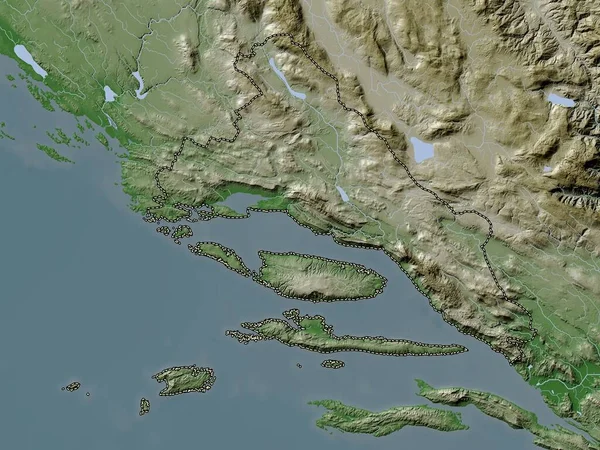 クロアチアの郡 スプリツコ ダルマティンスカ 湖や川とWikiスタイルで着色された標高マップ — ストック写真