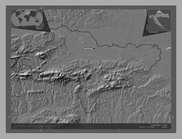 Varazdinska Okręg Chorwacji Dwupoziomowa Mapa Jeziorami Rzekami Lokalizacje Nazwy Głównych — Zdjęcie stockowe