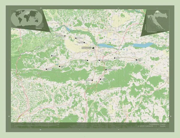 クロアチアのヴァラズディンスカ県 ストリートマップを開く 地域の主要都市の位置と名前 コーナー補助位置図 — ストック写真