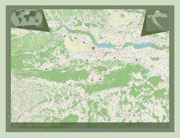 Varazdinska 克罗地亚县 开放街道地图 该区域主要城市的所在地点 角辅助位置图 — 图库照片