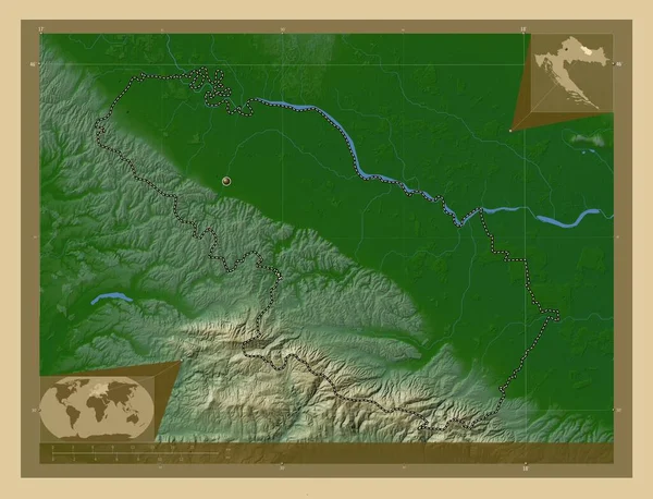 Viroviticko Podravska Powiat Chorwacki Kolorowa Mapa Wzniesień Jeziorami Rzekami Pomocnicze — Zdjęcie stockowe