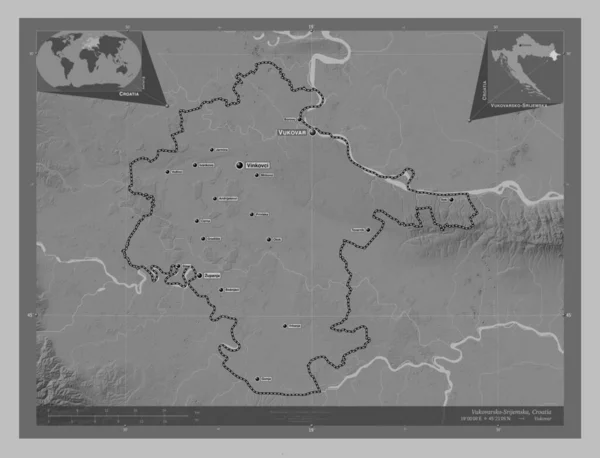 Vukovarsko Srijemska 克罗地亚县 带有湖泊和河流的灰度高程图 该区域主要城市的地点和名称 角辅助位置图 — 图库照片
