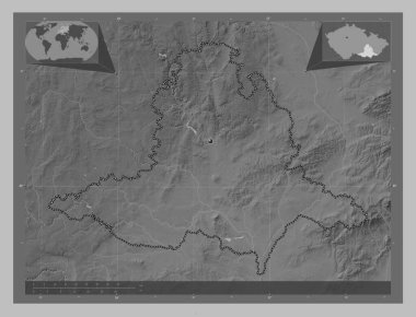 Jihomoravsky, Çek Cumhuriyeti bölgesi. Gölleri ve nehirleri olan gri tonlama yükseklik haritası. Köşedeki yedek konum haritaları