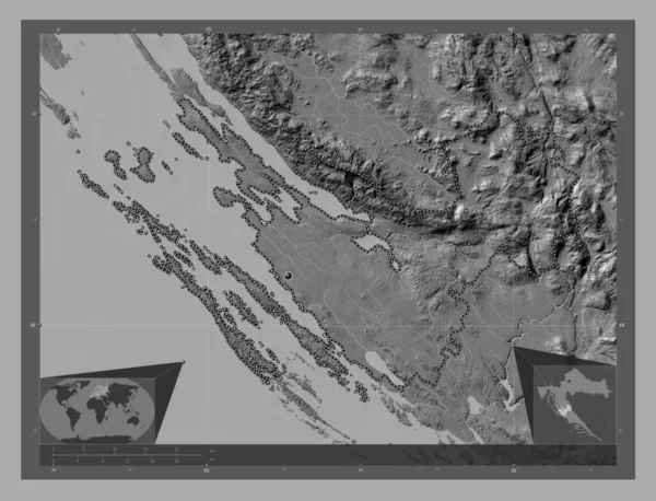Zadarska 克罗地亚县 带湖泊和河流的比尔维尔高程图 角辅助位置图 — 图库照片