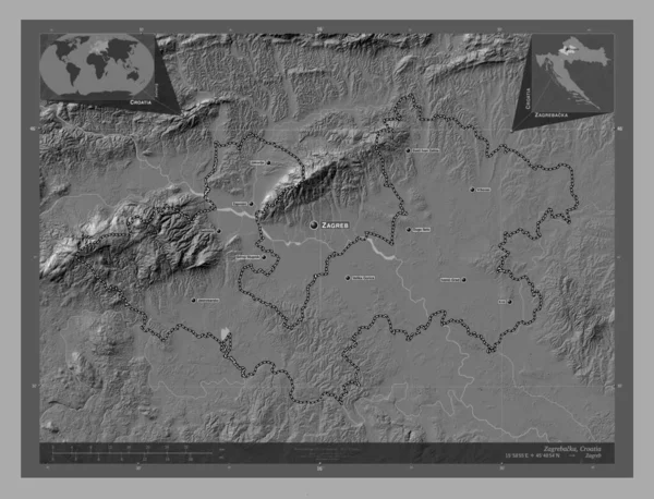 Zagrzebacka Okręg Chorwacji Dwupoziomowa Mapa Jeziorami Rzekami Lokalizacje Nazwy Głównych — Zdjęcie stockowe