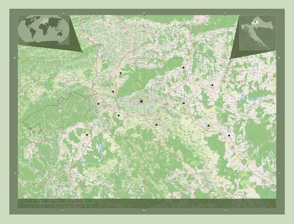 克罗地亚的一个县城 开放街道地图 该区域主要城市的所在地点 角辅助位置图 — 图库照片
