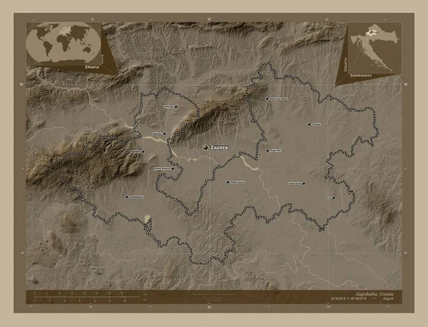 Zagrzebacka Okręg Chorwacji Mapa Elewacji Kolorowe Sepia Dźwięki Jeziorami Rzekami — Zdjęcie stockowe