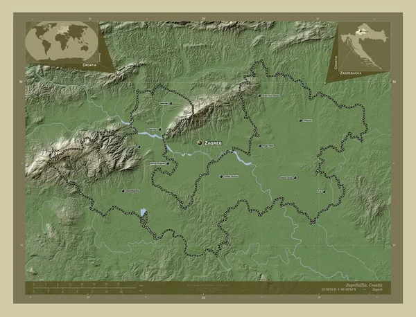 克罗地亚的一个县城 用Wiki风格绘制的带有湖泊和河流的高程地图 该区域主要城市的地点和名称 角辅助位置图 — 图库照片