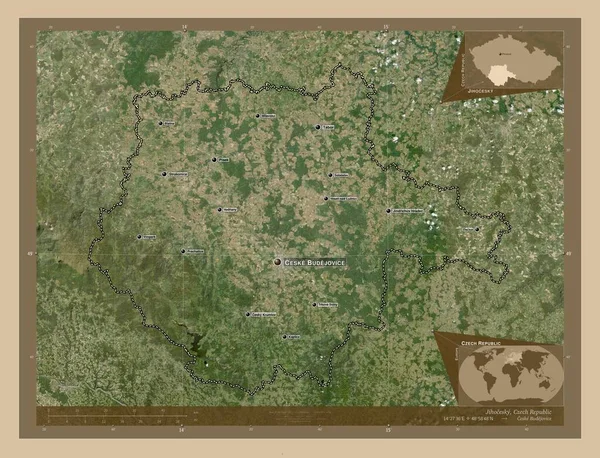 チェコ共和国の領域Jihocesky 低解像度衛星地図 地域の主要都市の位置と名前 コーナー補助位置図 — ストック写真
