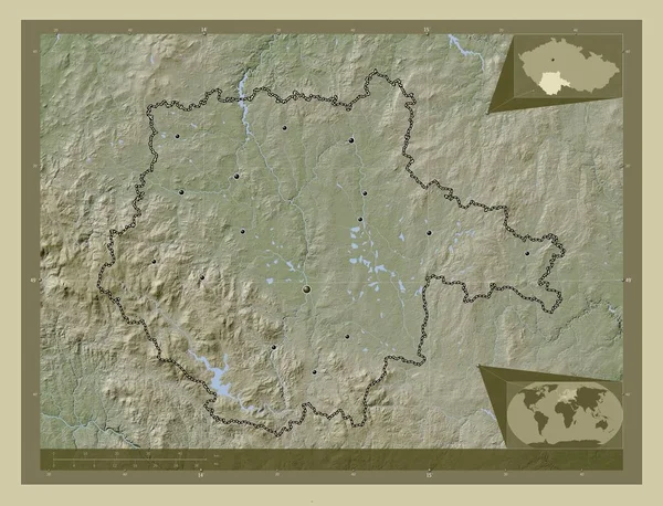 Jihocesky 捷克共和国地区 用Wiki风格绘制的带有湖泊和河流的高程地图 该区域主要城市的所在地点 角辅助位置图 — 图库照片
