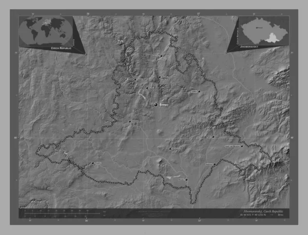 Jihomoravsky Region Czech Dwupoziomowa Mapa Jeziorami Rzekami Lokalizacje Nazwy Głównych — Zdjęcie stockowe