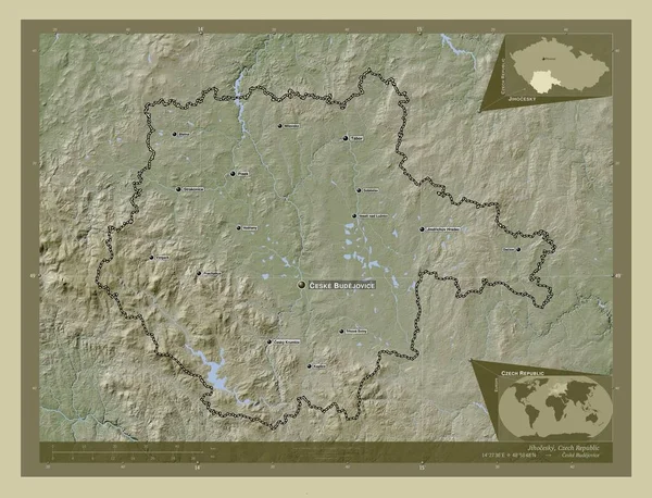 チェコ共和国の領域Jihocesky 湖や川とWikiスタイルで着色された標高マップ 地域の主要都市の位置と名前 コーナー補助位置図 — ストック写真