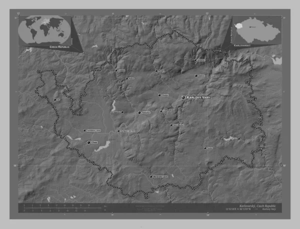 Karlovarsky Region Czech Mapa Wzniesień Skali Szarości Jeziorami Rzekami Lokalizacje — Zdjęcie stockowe