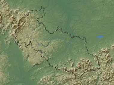 Moravskoslezsky, Çek Cumhuriyeti bölgesi. Gölleri ve nehirleri olan renkli yükseklik haritası