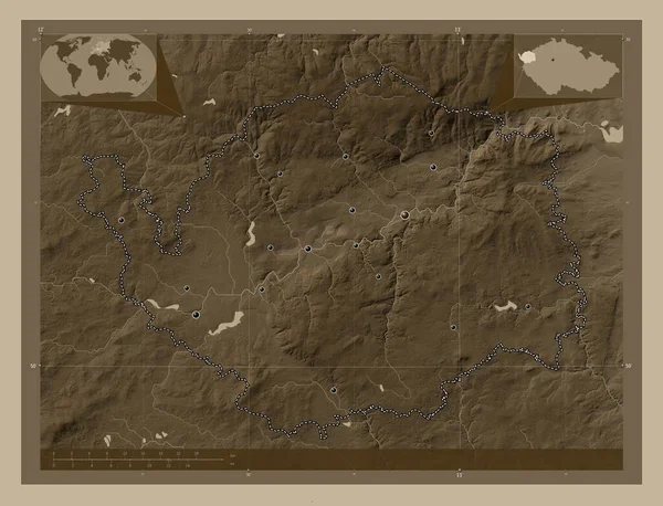 Karlovarsky Region Czech Mapa Elewacji Kolorowe Sepia Dźwięki Jeziorami Rzekami — Zdjęcie stockowe