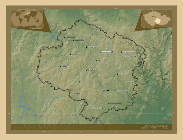 クラウ ヴィソチーナ チェコ共和国の地方 湖や川と色の標高マップ 地域の主要都市の位置と名前 コーナー補助位置図 — ストック写真
