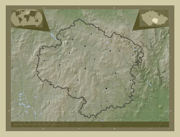 Kraj Vysocina 捷克共和国地区 用Wiki风格绘制的带有湖泊和河流的高程地图 该区域主要城市的所在地点 角辅助位置图 — 图库照片