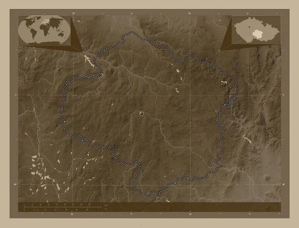 Kraj Vysočina Kraj České Republiky Zdvihová Mapa Zbarvená Sépiovými Tóny — Stock fotografie