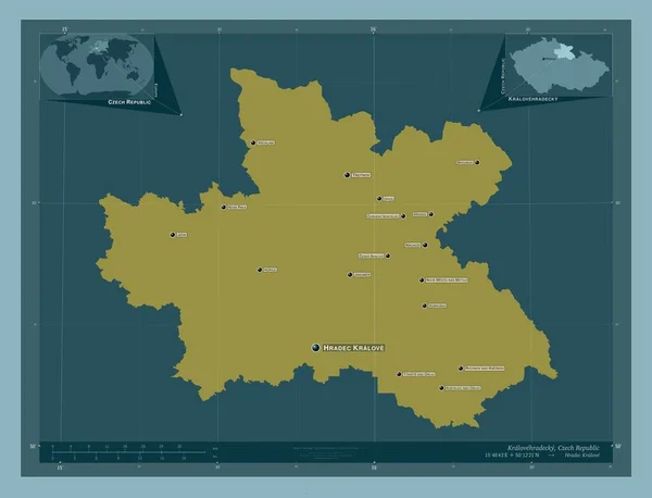 クラロヴェフラデツキ チェコ共和国の地方 しっかりした色の形 地域の主要都市の位置と名前 コーナー補助位置図 — ストック写真