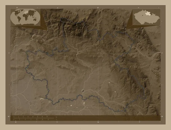 Kralovehradecké Kraj České Republiky Zdvihová Mapa Zbarvená Sépiovými Tóny Jezery — Stock fotografie