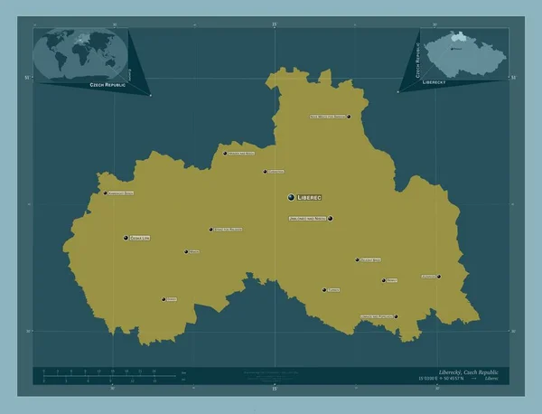 チェコ共和国の領域のLiberecky しっかりした色の形 地域の主要都市の位置と名前 コーナー補助位置図 — ストック写真