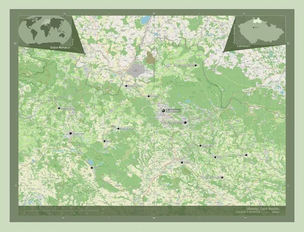 チェコ共和国の領域のLiberecky ストリートマップを開く 地域の主要都市の位置と名前 コーナー補助位置図 — ストック写真