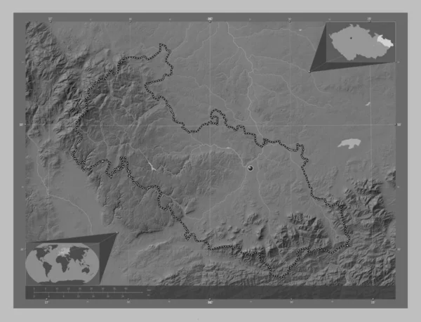 Moravskoslezsky Region Czech Mapa Wzniesień Skali Szarości Jeziorami Rzekami Pomocnicze — Zdjęcie stockowe