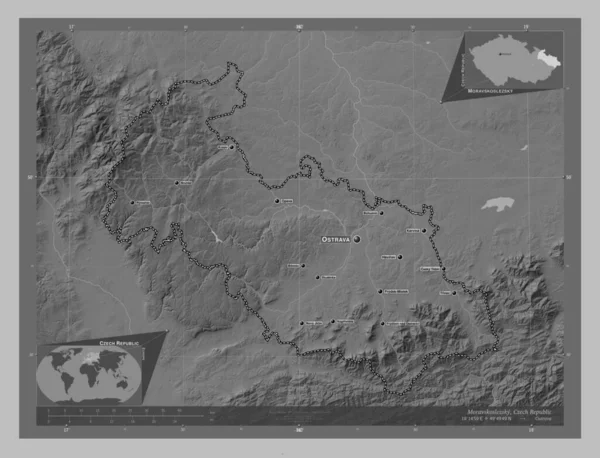 Moravskoslezsky Region Czech Mapa Wzniesień Skali Szarości Jeziorami Rzekami Lokalizacje — Zdjęcie stockowe