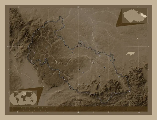 Moravskoslezsky Región República Checa Mapa Elevación Coloreado Tonos Sepia Con —  Fotos de Stock