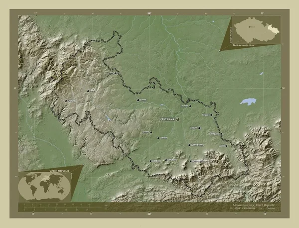 Moravskoslezsky 捷克共和国地区 用Wiki风格绘制的带有湖泊和河流的高程地图 该区域主要城市的地点和名称 角辅助位置图 — 图库照片