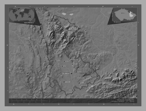 Ołomuniec Region Czech Dwupoziomowa Mapa Jeziorami Rzekami Lokalizacje Nazwy Głównych — Zdjęcie stockowe