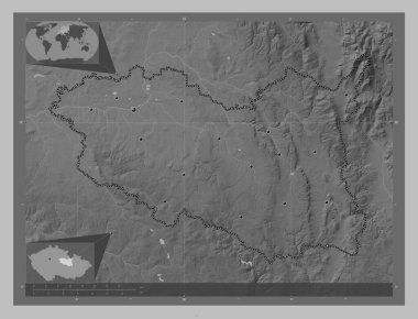 Parbicky, Çek Cumhuriyeti bölgesi. Gölleri ve nehirleri olan gri tonlama yükseklik haritası. Bölgenin büyük şehirlerinin yerleri. Köşedeki yedek konum haritaları