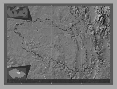 Parbicky, Çek Cumhuriyeti bölgesi. Göllü ve nehirli çift katlı yükseklik haritası. Köşedeki yedek konum haritaları