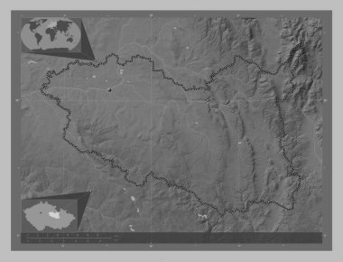 Parbicky, Çek Cumhuriyeti bölgesi. Gölleri ve nehirleri olan gri tonlama yükseklik haritası. Köşedeki yedek konum haritaları