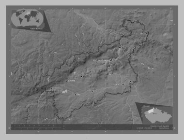 Ustecky, Çek Cumhuriyeti bölgesi. Gölleri ve nehirleri olan gri tonlama yükseklik haritası. Bölgenin büyük şehirlerinin yerleri ve isimleri. Köşedeki yedek konum haritaları