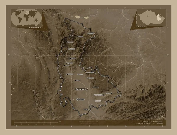 Olomoucky Región República Checa Mapa Elevación Coloreado Tonos Sepia Con — Foto de Stock