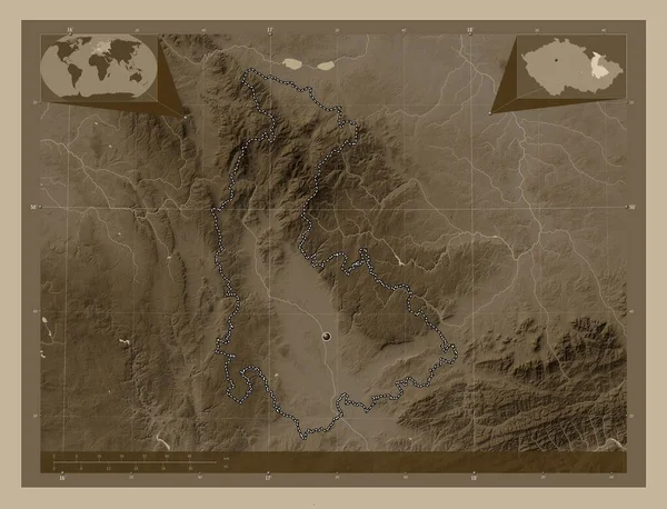 Ołomuniec Region Czech Mapa Elewacji Kolorowe Sepia Dźwięki Jeziorami Rzekami — Zdjęcie stockowe