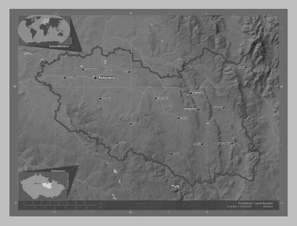 Pardubicky Region Czech Mapa Wzniesień Skali Szarości Jeziorami Rzekami Lokalizacje — Zdjęcie stockowe