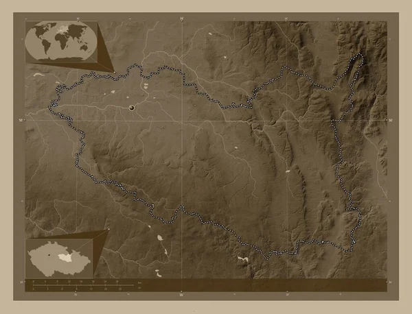 Pardubický Kraj Česká Republika Zdvihová Mapa Zbarvená Sépiovými Tóny Jezery — Stock fotografie