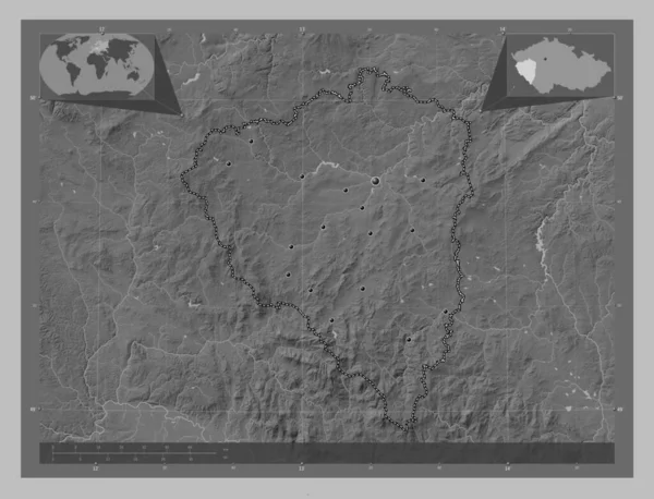 Plzensky Region Czech Republic Grayscale Elevation Map Lakes Rivers Locations — Stock Photo, Image