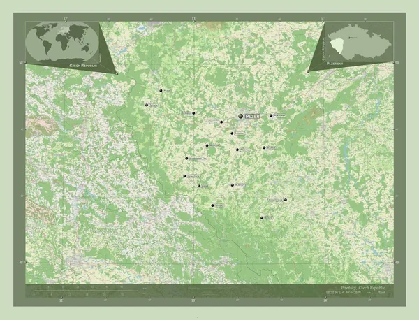 捷克共和国普朗茨基地区 开放街道地图 该区域主要城市的地点和名称 角辅助位置图 — 图库照片