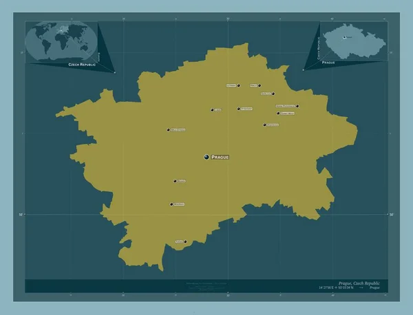 プラハ チェコ共和国の地域 しっかりした色の形 地域の主要都市の位置と名前 コーナー補助位置図 — ストック写真
