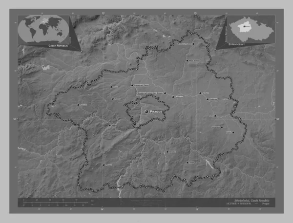 Stredocesky Regionen Tjeckien Grayscale Höjdkarta Med Sjöar Och Floder Platser — Stockfoto